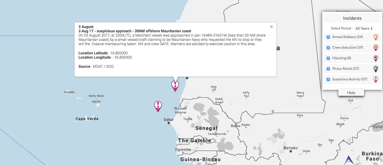 Read more about the article 3 Aug 17- suspicious approach  – 30NM offshore Mauritanian coast