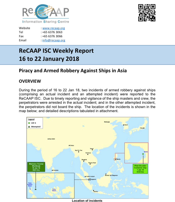 Read more about the article ReCAAP ISC Weekly Report 16 to 22 January 2018