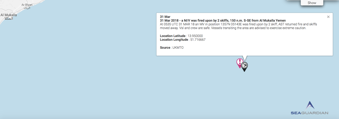 You are currently viewing 31 Mar 2018 – a M/V was fired upon by 2 skiffs, 150 n.m. S-SE from Al Mukalla Yemen