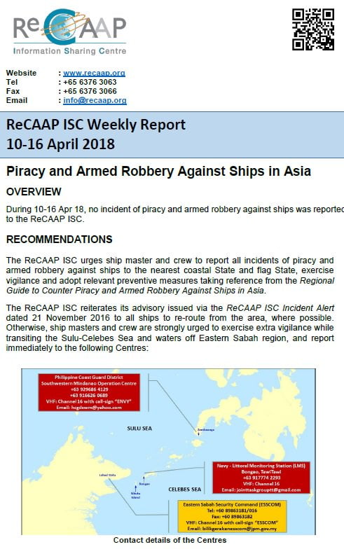 You are currently viewing ReCAAP ISC Weekly Report 10-16 April 2018