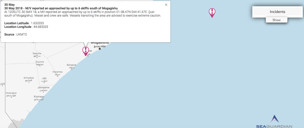 Read more about the article 30 May 2018 – M/V reported an approached by up to 6 skiffs south of Mogadishu