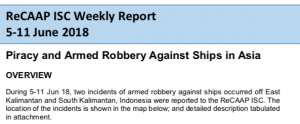 Read more about the article ReCAAP ISC Weekly Report 5-11 June 2018