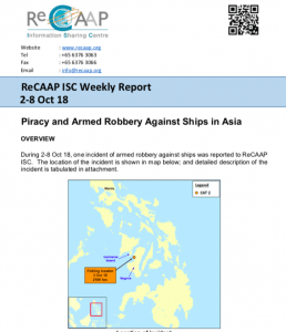 Read more about the article ReCAAP org Weekly Report 2-8 October 2018