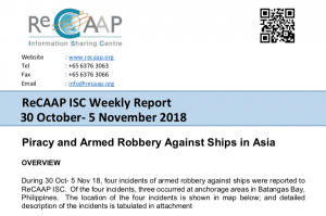Read more about the article ReCAAP ISC Weekly Report 30 October- 5 November 2018