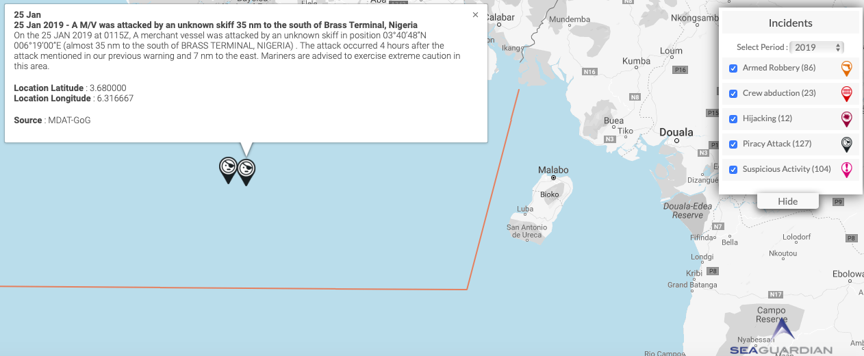 You are currently viewing 25 Jan 2019 – A M/V was attacked by an unknown skiff 35 nm to the south of Brass Terminal, Nigeria