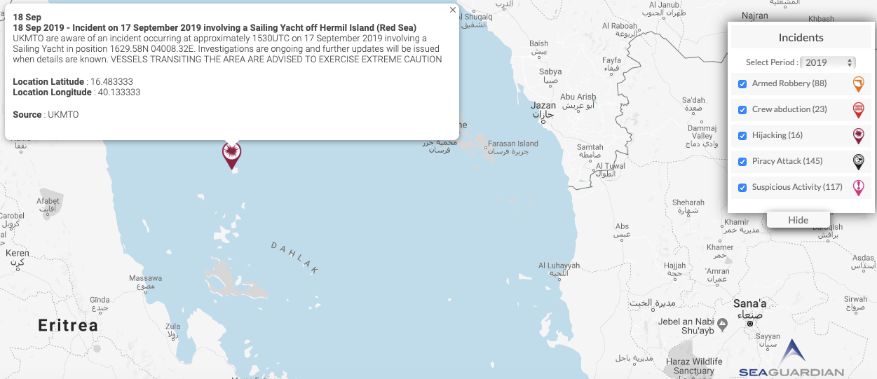 You are currently viewing 18 Sep 2019 – Incident on 17 September 2019 involving a Sailing Yacht off Hermil Island (Red Sea)