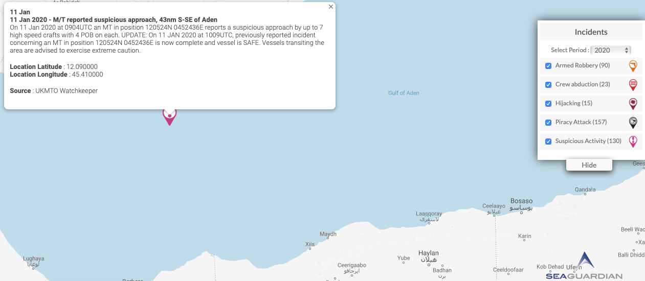 You are currently viewing 11 Jan 2020 – M/T reported suspicious approach, 43nm S-SE of Aden