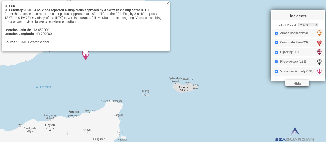 Read more about the article 20 February 2020 – A M/V has reported a suspicious approach by 3 skiffs in vicinity of the IRTC