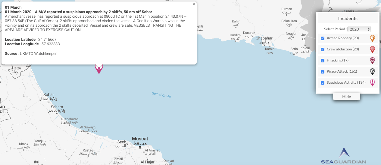 You are currently viewing 01 March 2020 – A M/V reported a suspicious approach by 2 skiffs, 50 nm off Sohar