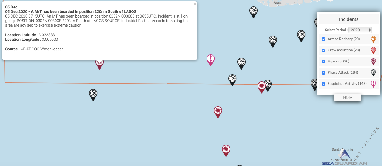 You are currently viewing 05 Dec 2020 – A M/T has been boarded in position 220nm South of LAGOS