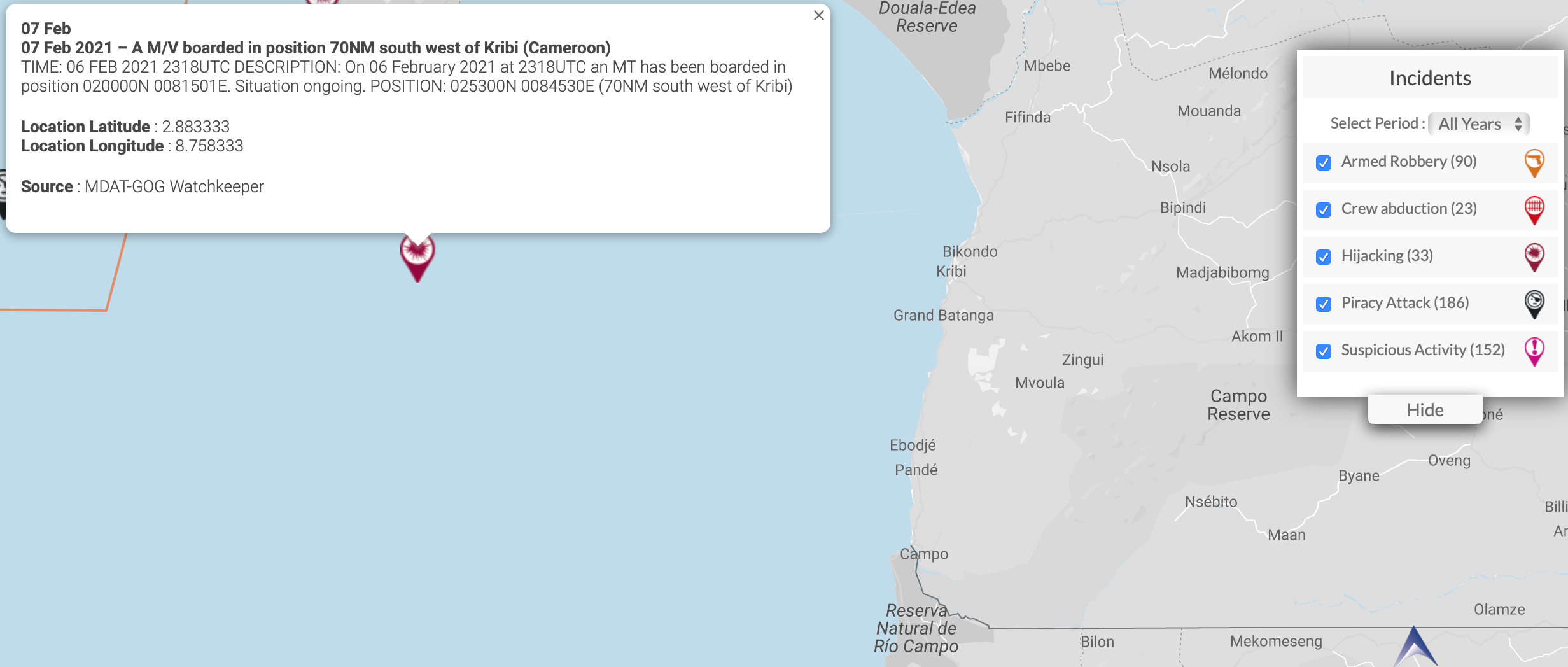 Read more about the article 07 Feb 2021 – A M/V boarded in position 70NM south west of Kribi (Cameroon)