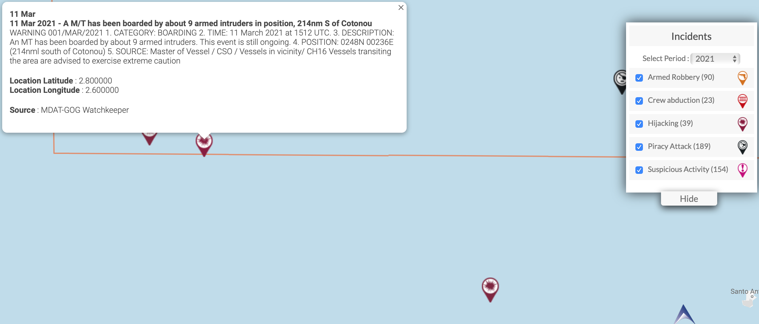 You are currently viewing 11 Mar 2021 – A M/T has been boarded by about 9 armed intruders in position, 214nm S of Cotonou