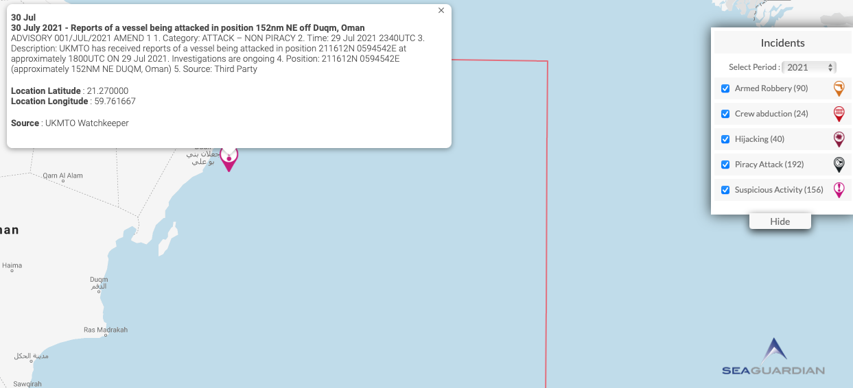 Read more about the article 30 July 2021 – Reports of a vessel being attacked in position 152nm NE off Duqm, Oman