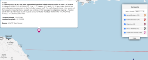 Read more about the article 11 January 2022 – A M/V has been approached by 8 white hulled unknown crafts at 70nm E of Muscat